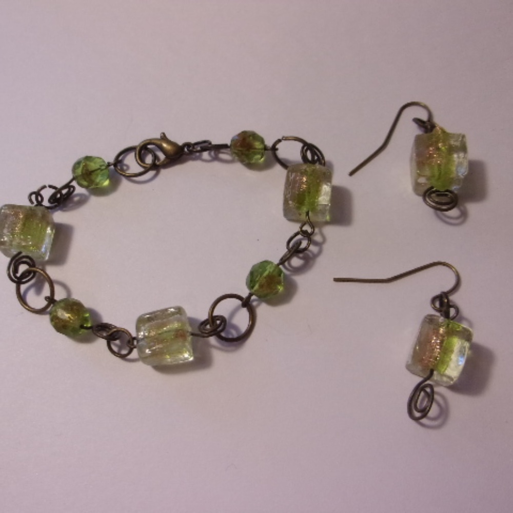 Cube Bead Bracelet Pierced Earrings Set